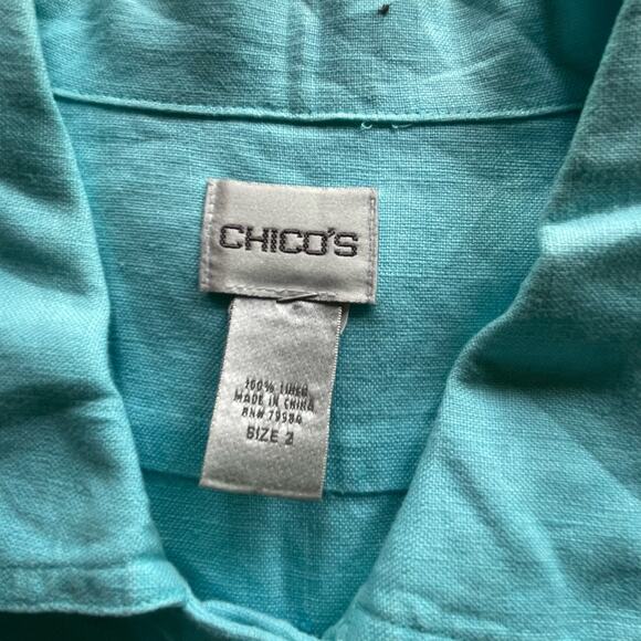 Chicos Jacket 100% Linen Blazer Size 2‎ US L 3/4 Sleeve Pockets Turquoise Blue - Picture 3 of 7